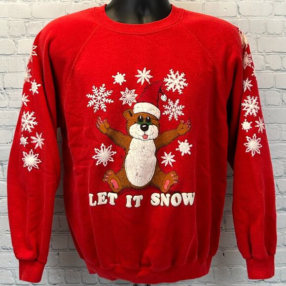 Vintage 80s Let It Snow Christmas Sweatshirt Sweater USA Made Red Mens M Medium - Picture 2 of 8